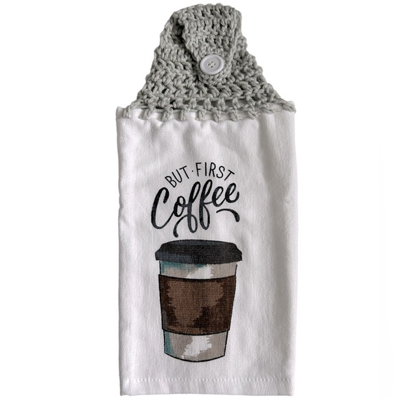 HAND CRAFTED Crochet Top Hanging Kitchen or Bathroom Hand Towel Coffee Theme